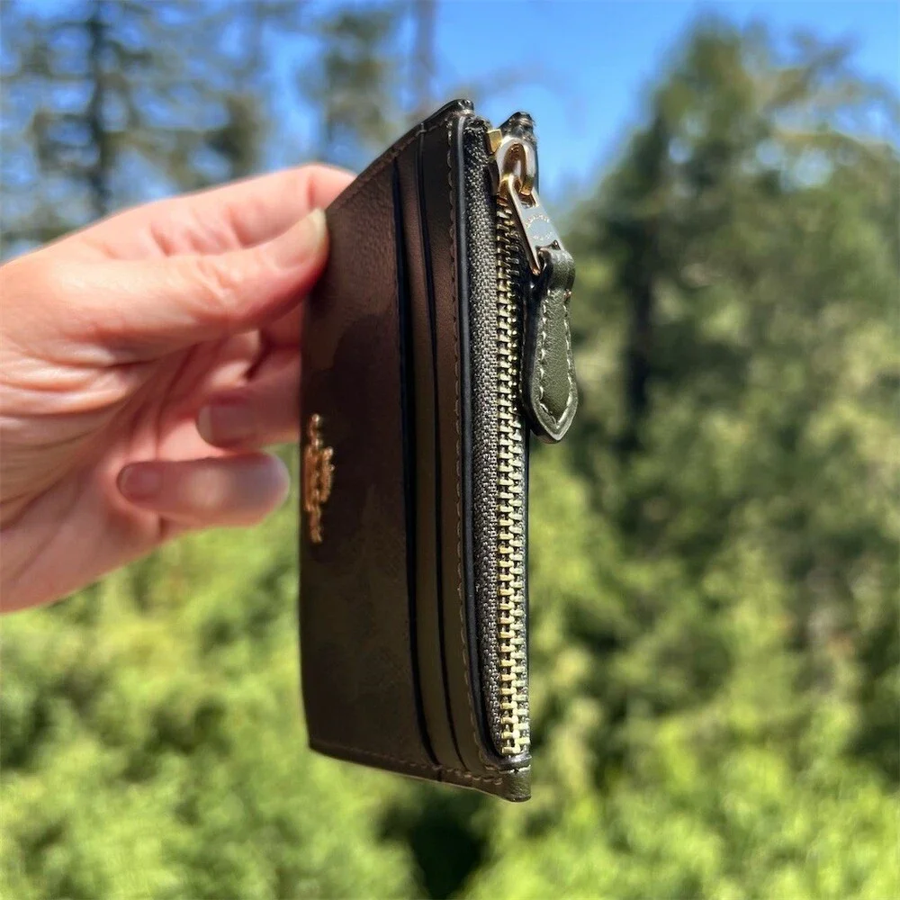 COACH Mini Skinny ID Case Cardholder Keychain Wallet Camo Print Gold Hardware